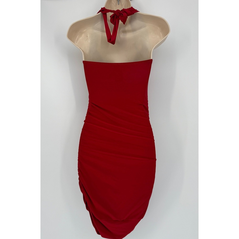 Red Rhinestone Halter Dress Y2K Glam Bodycon Ruched Vegas Party‎ - Picture 3 of 12